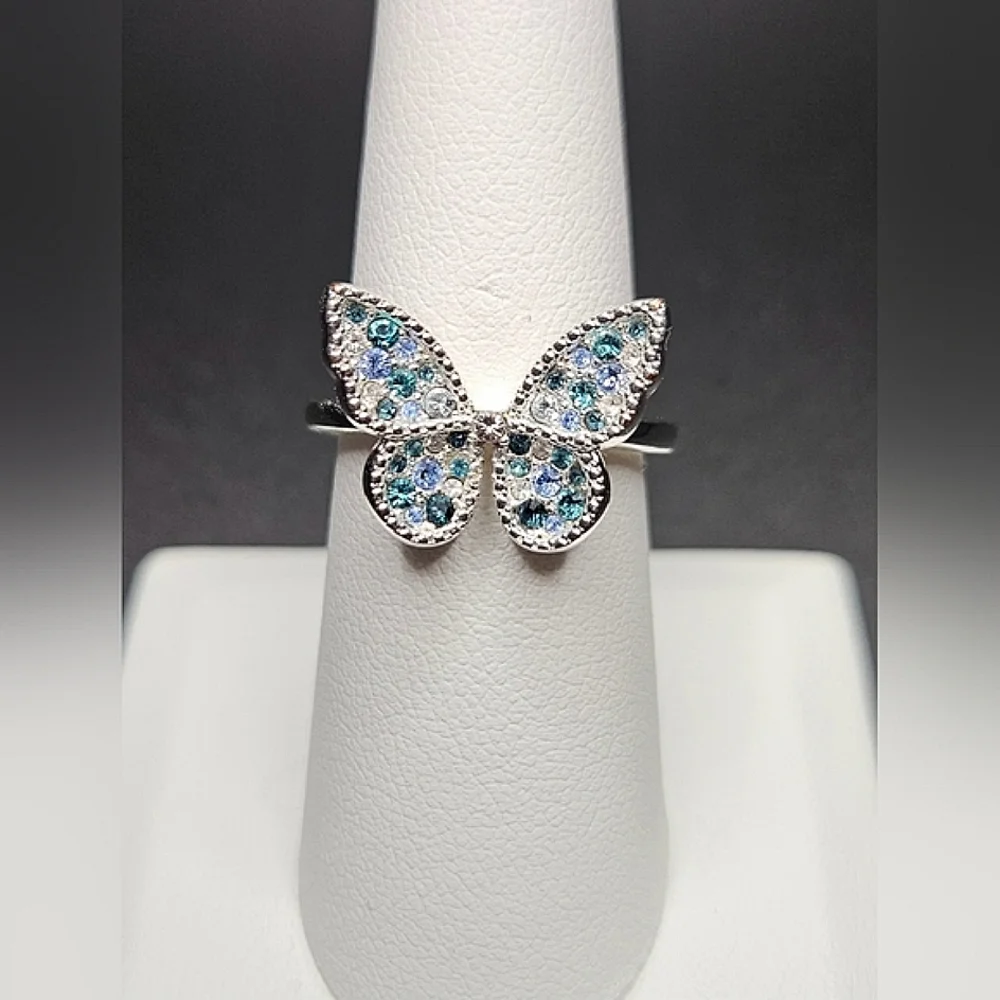 Sparkling Blue and Green Rhinestone Butterfly Ring Silver Plated Size 8 - Picture 2 of 5